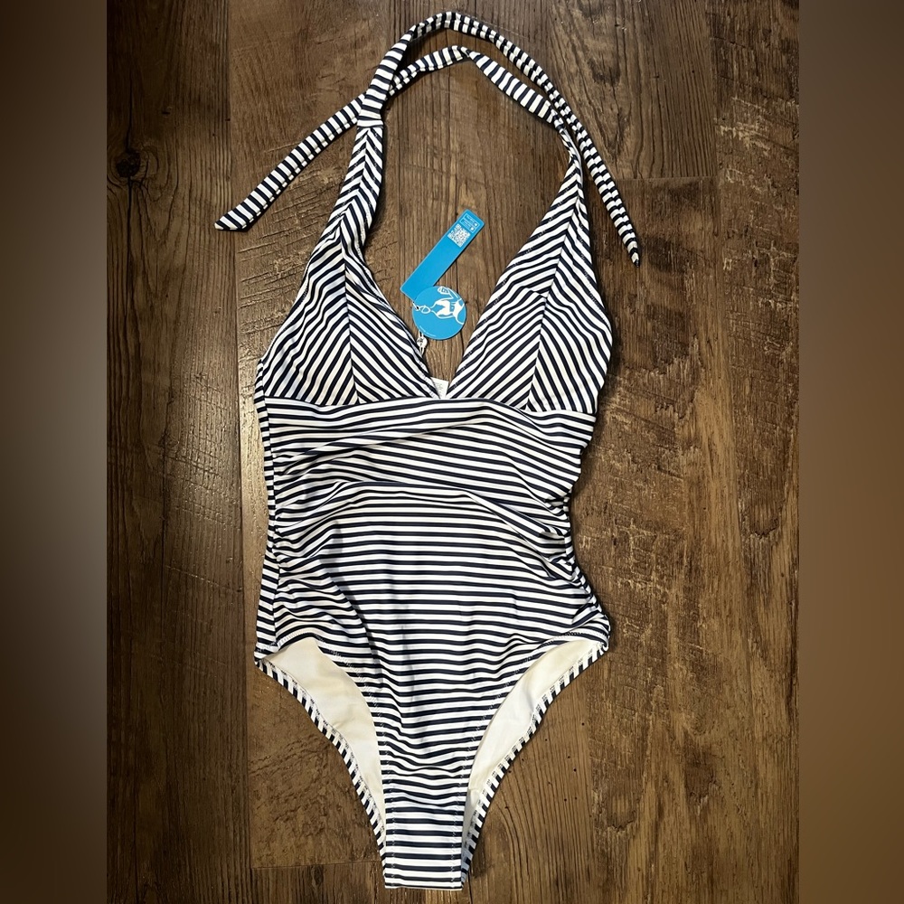 New with tags CUPSHE blue and white halter one piece.